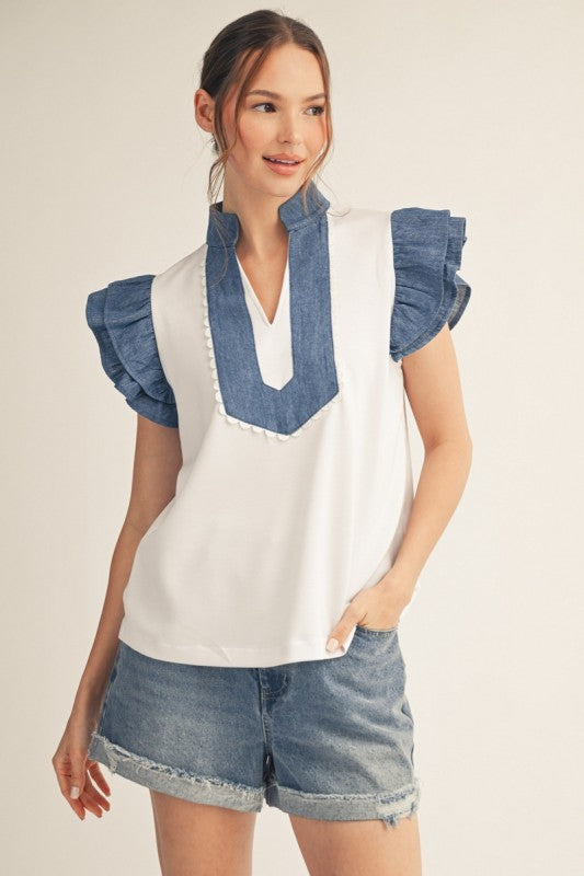 Denim Ruffle VNeck Top