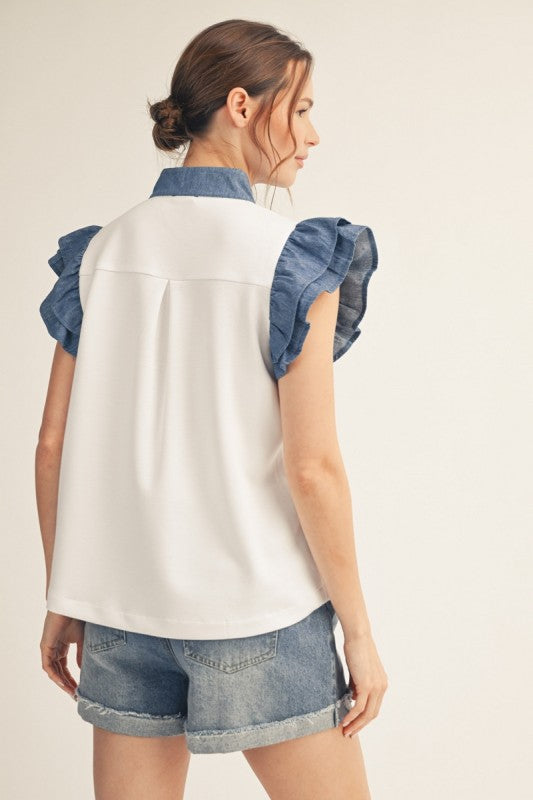 Denim Ruffle VNeck Top - Twisted Sisters Shoetique