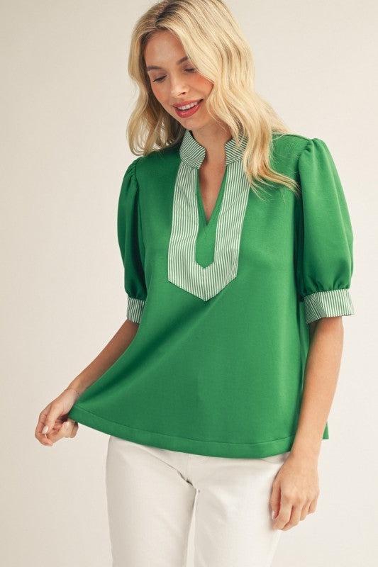 Green Contrast Trim Blouse - Twisted Sisters Shoetique