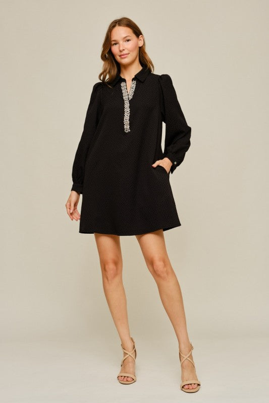 Sparkle Rhinestone Shift Dress – Black