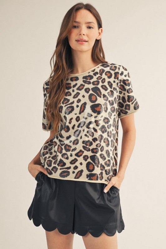 Wild About You Sequin Leopard Sweater Top