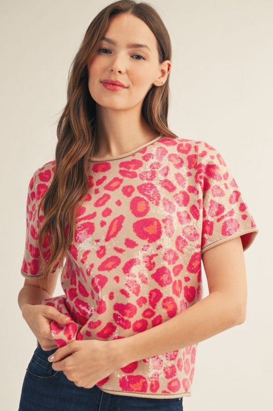 Wild About You Sequin Leopard Sweater Top