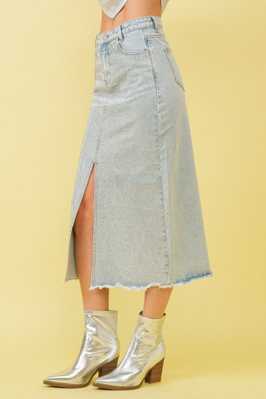 rhinestone long denim skirt front slit