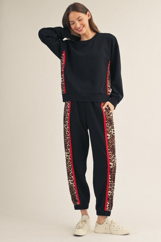 Leopard Stripe Contrast Sweatshirt – Black - Twisted Sisters Shoetique
