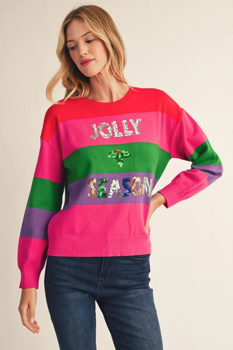 Jolly Season Sequin Color Block Sweater