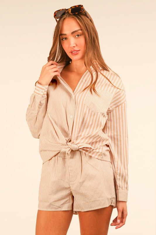 striped short set lightweight beige