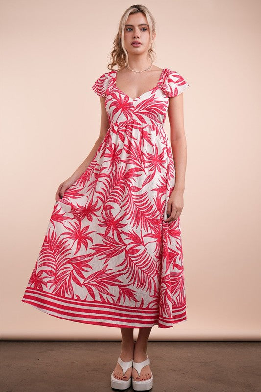 red white maxi tropical dress tie back