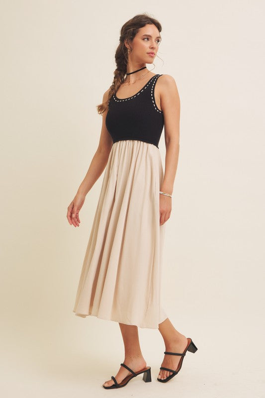 black sweater tank midi dress with  ribbon detail beige skirt