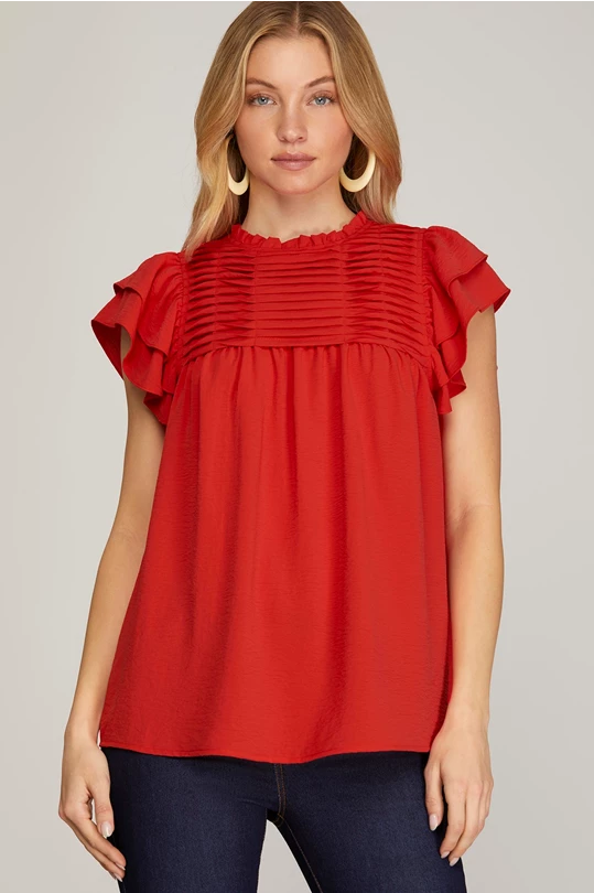 red pleated blouse top  short ruffle sleeve