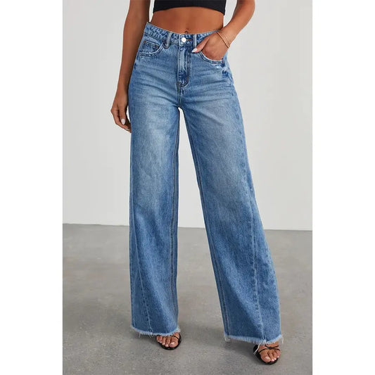 Wide Leg Frayed Hem Jeans - Twisted Sisters Shoetique