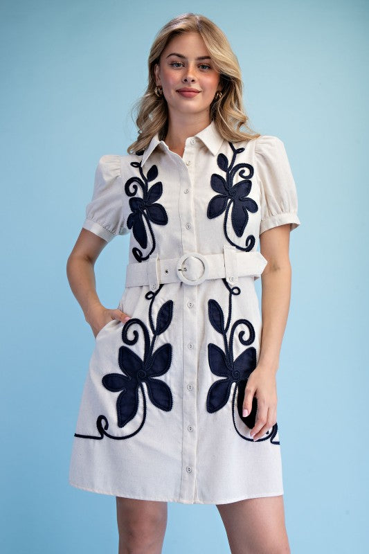 Midnight Bloom Linen Shirt Dress