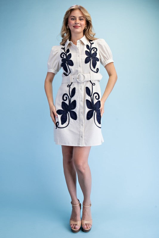 Midnight Bloom Linen Shirt Dress