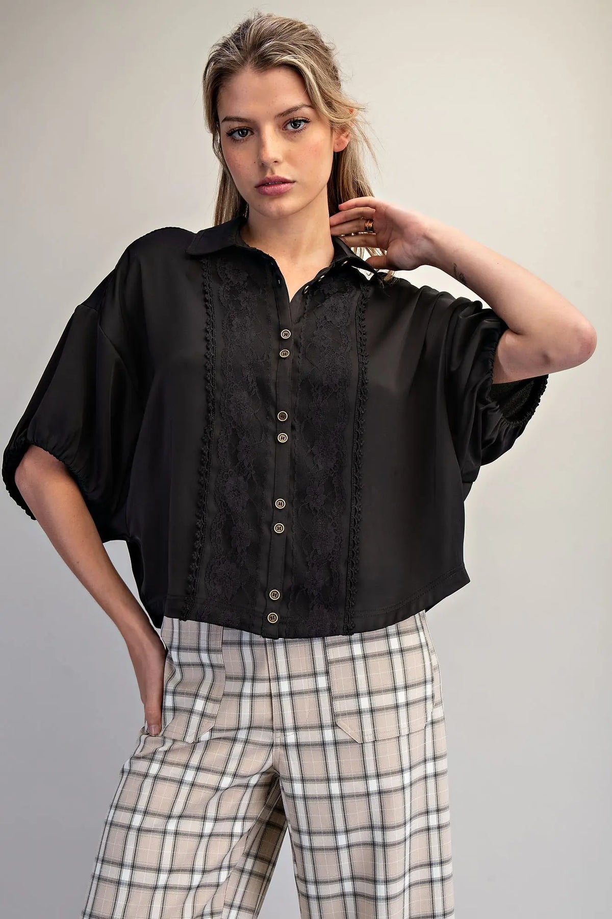 The Allure Lace Button Down – Black