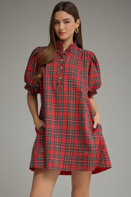 Merry in Plaid Puff Sleeve Dress – Red