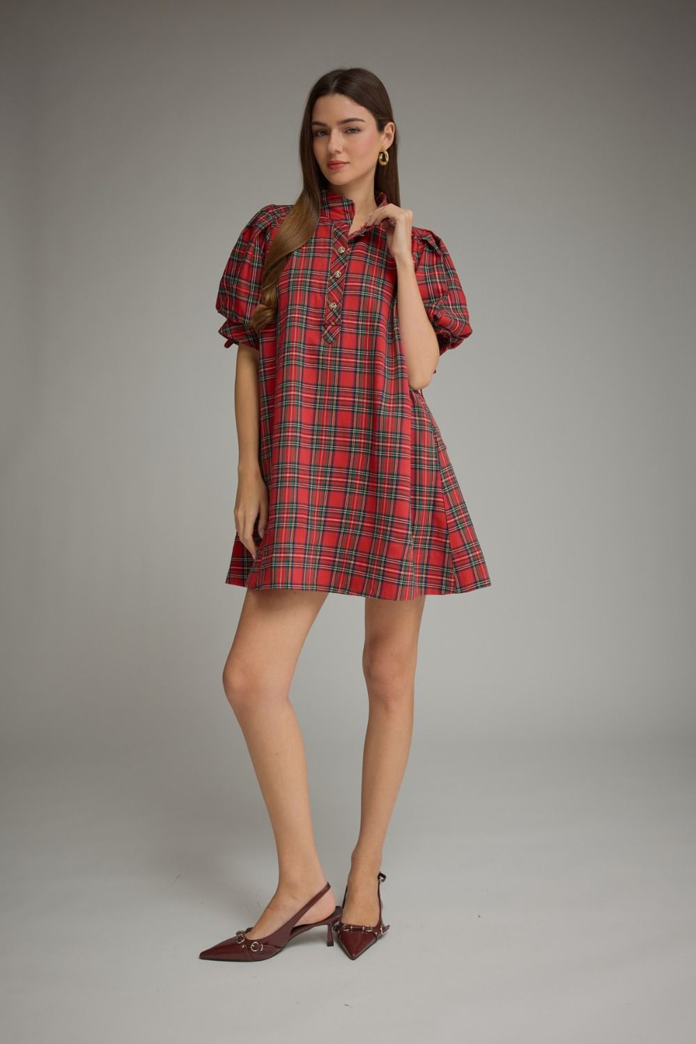 Merry in Plaid Puff Sleeve Dress – Red