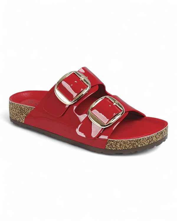 Women’s red double buckle slide sandals with open toe design