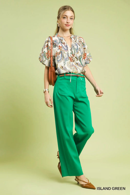 Trendy women’s green button stretch pants from Twisted Sisters Shoetique in Waco Texas