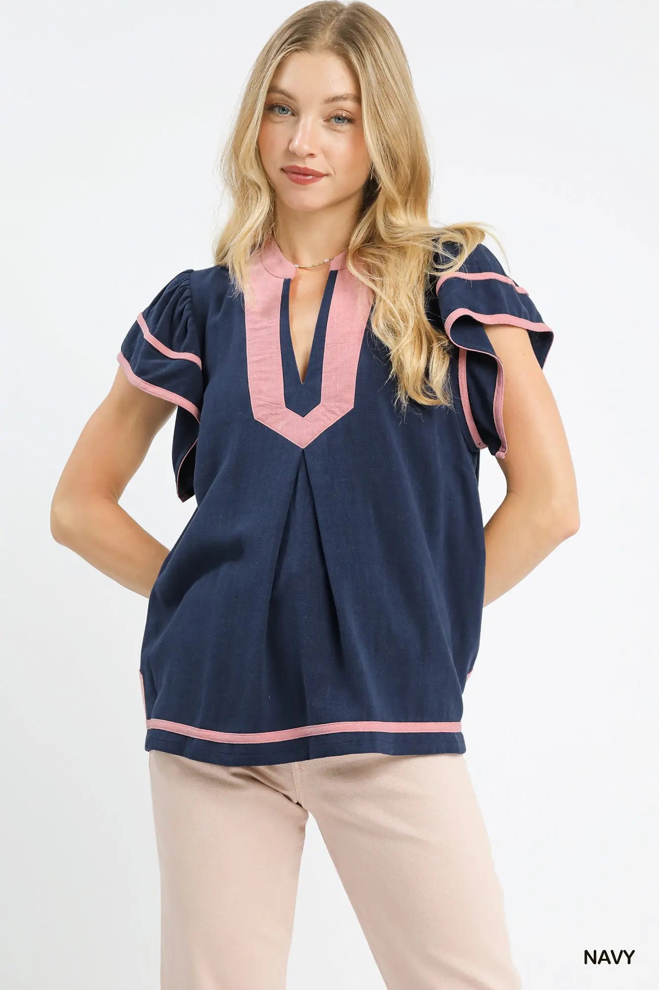 Women’s boutique linen ruffle sleeve top with split V-neck from Twisted Sisters Shoetique in Waco Texas