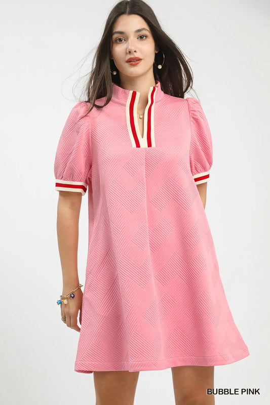 Women’s boutique pink jacquard mini dress with puff sleeves from Twisted Sisters Shoetique in Waco Texas