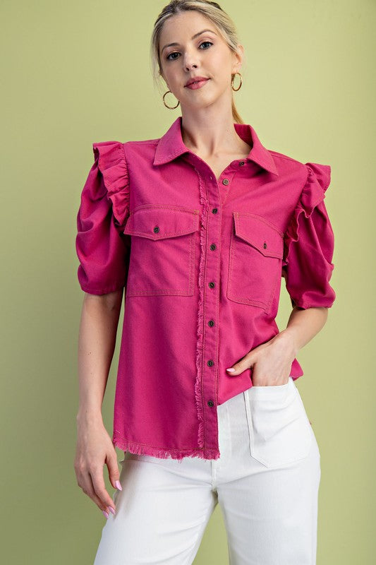 Women’s boutique magenta linen button-up shirt with ruffled sleeves from Twisted Sisters Shoetique in Waco Texas