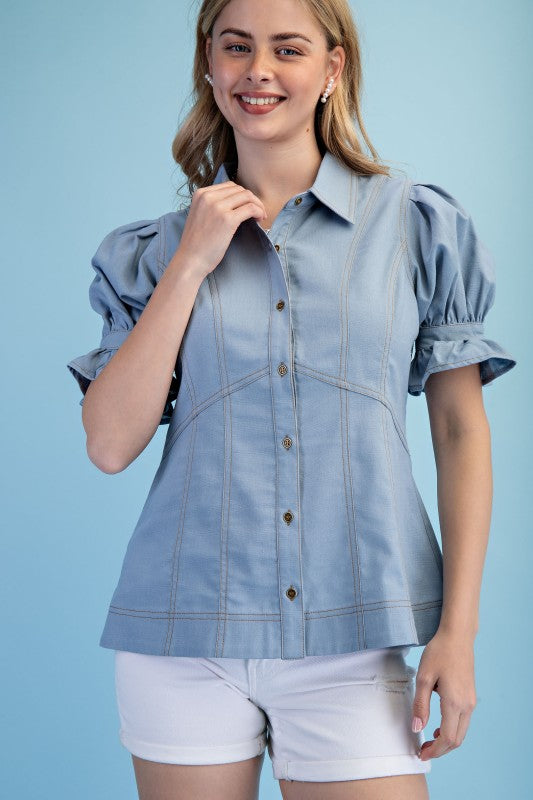 Women’s boutique light denim linen button down with puff sleeves from Twisted Sisters Shoetique in Waco Texas