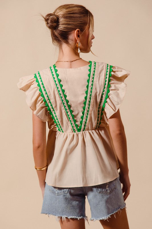 Back view of women’s ecru woven sleeveless top from Waco boutique