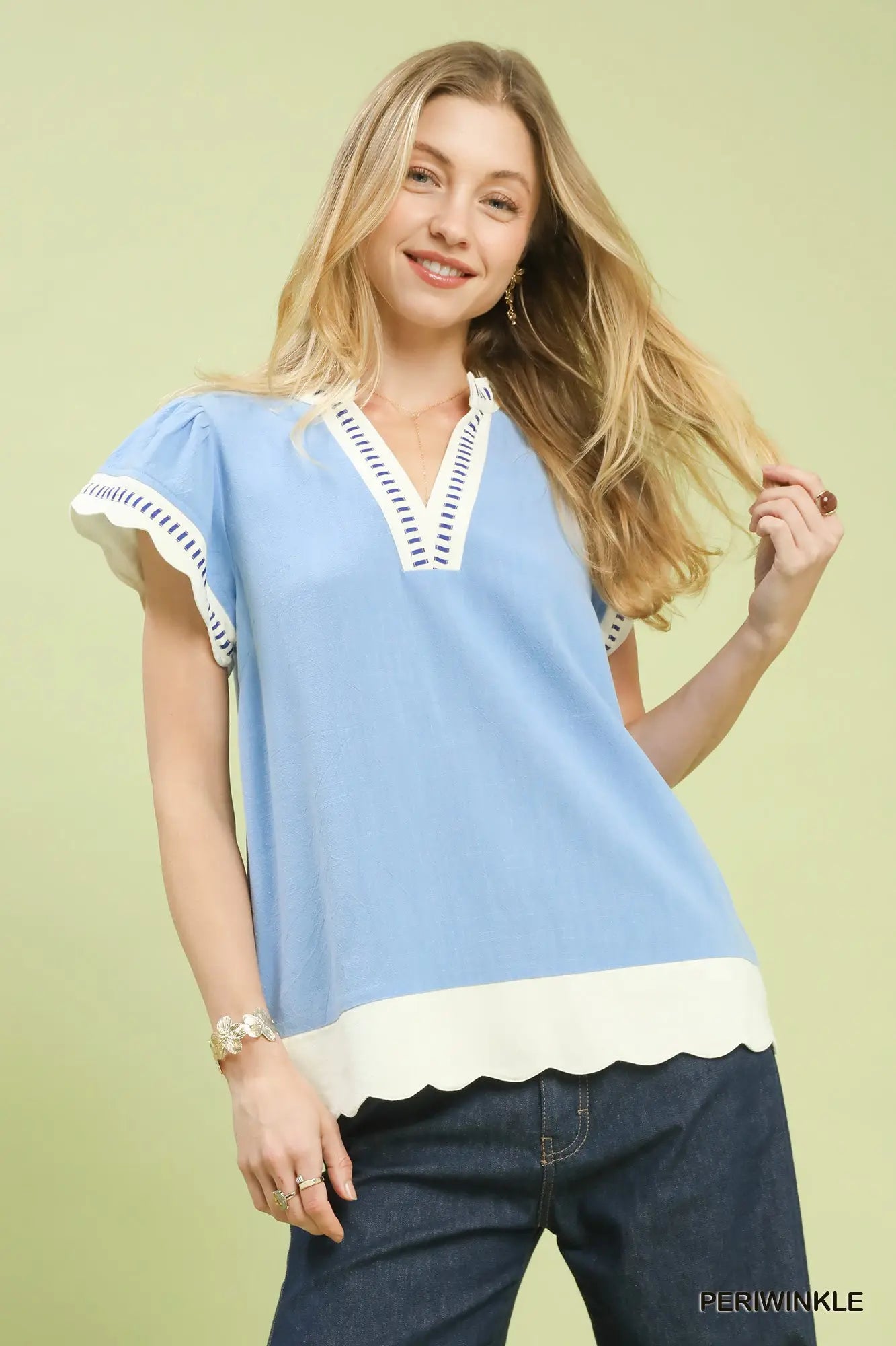 Trendy women’s contrast scallop trim top from Twisted Sisters Shoetique in Waco Texas