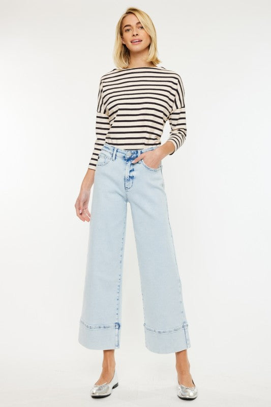 Front view of women’s KanCan high rise cropped wide leg jeans from Texas boutique