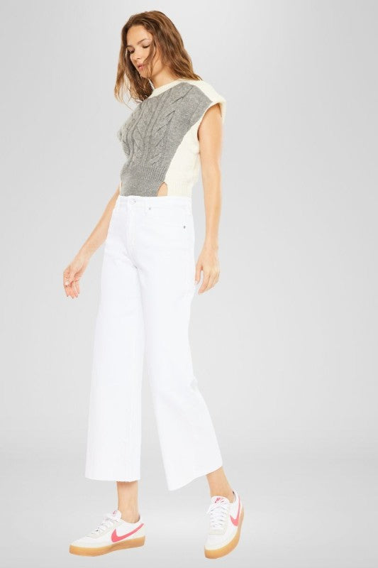 Side view of women’s KanCan white wide leg crop jeans boutique Texas