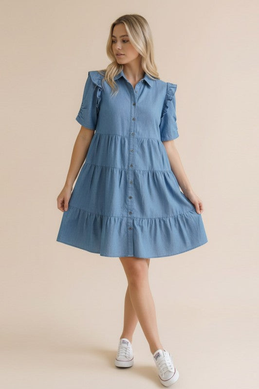 Trendy women’s chambray tiered button-down dress from Twisted Sisters Shoetique in Waco Texas