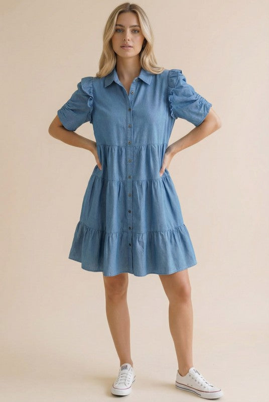Women’s boutique chambray collared button-down tiered dress from Twisted Sisters Shoetique in Waco Texas