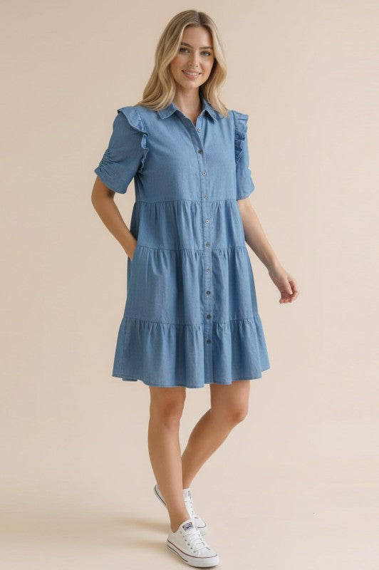 Side view of women’s chambray tiered dress boutique Texas