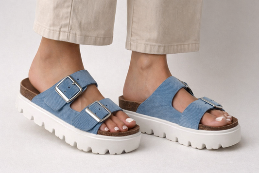 Women’s Very G Jazmin blue chunky slip-on sandals from Twisted Sisters Shoetique in Waco Texas