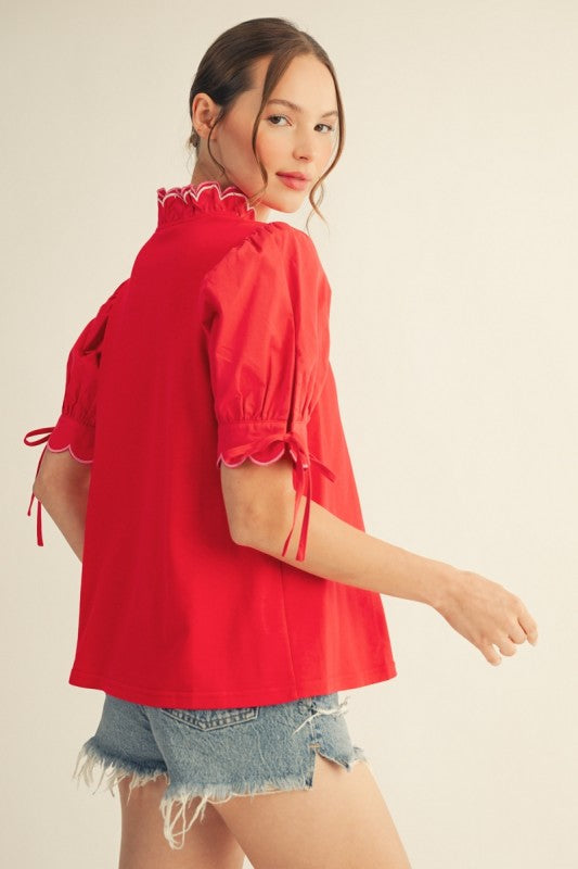 Scallop Detail VNeck Top-Red - Twisted Sisters Shoetique