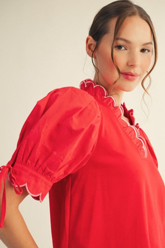 Scallop Detail VNeck Top-Red - Twisted Sisters Shoetique
