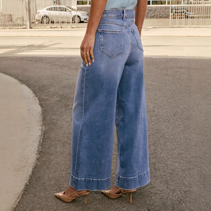 Back view of women’s wide leg palazzo jeans