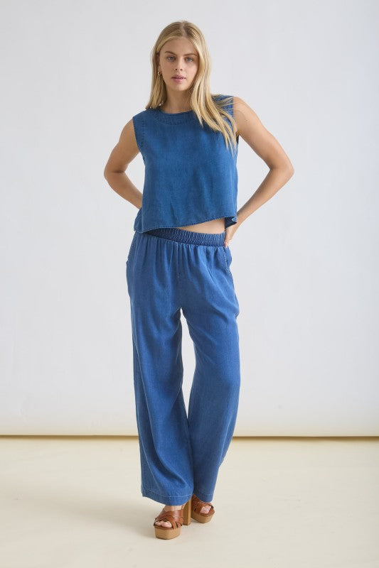 Women’s high waist chambray wide leg lounge pants from Twisted Sisters Shoetique in Waco Texas
