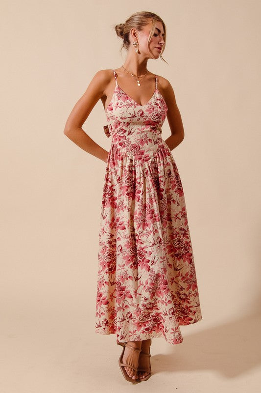 Front view of rouge floral V-neck woven dress
