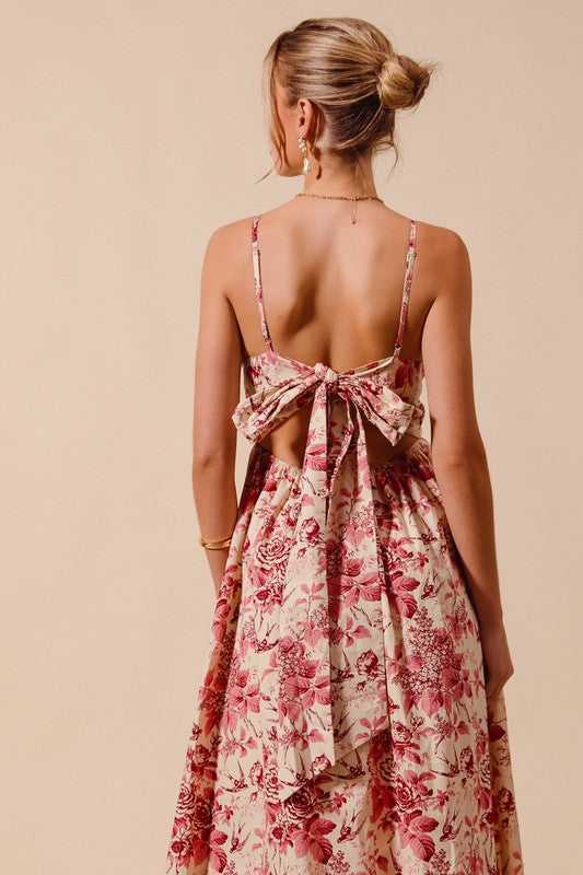 Back view of rouge floral woven dress