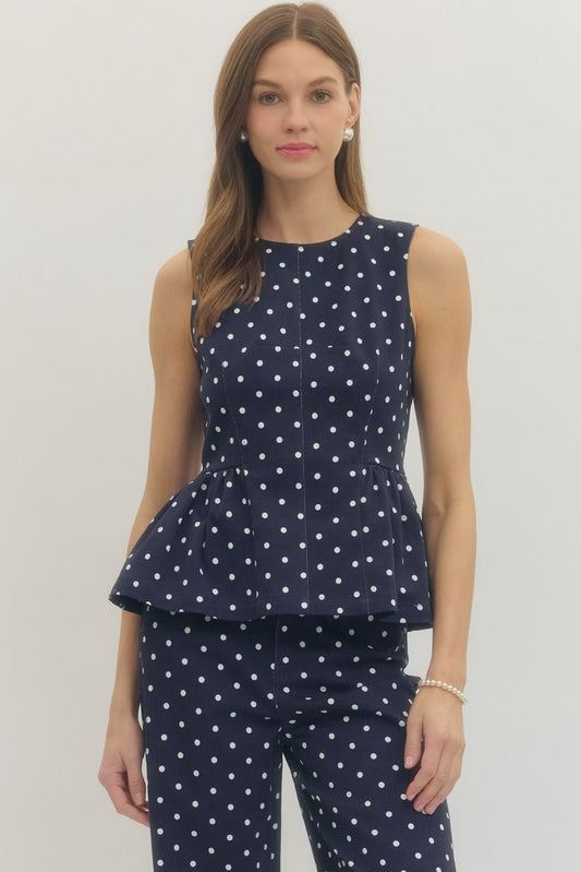 Navy Polka Dot Peplum Sleeveless Top - Twisted Sisters Shoetique