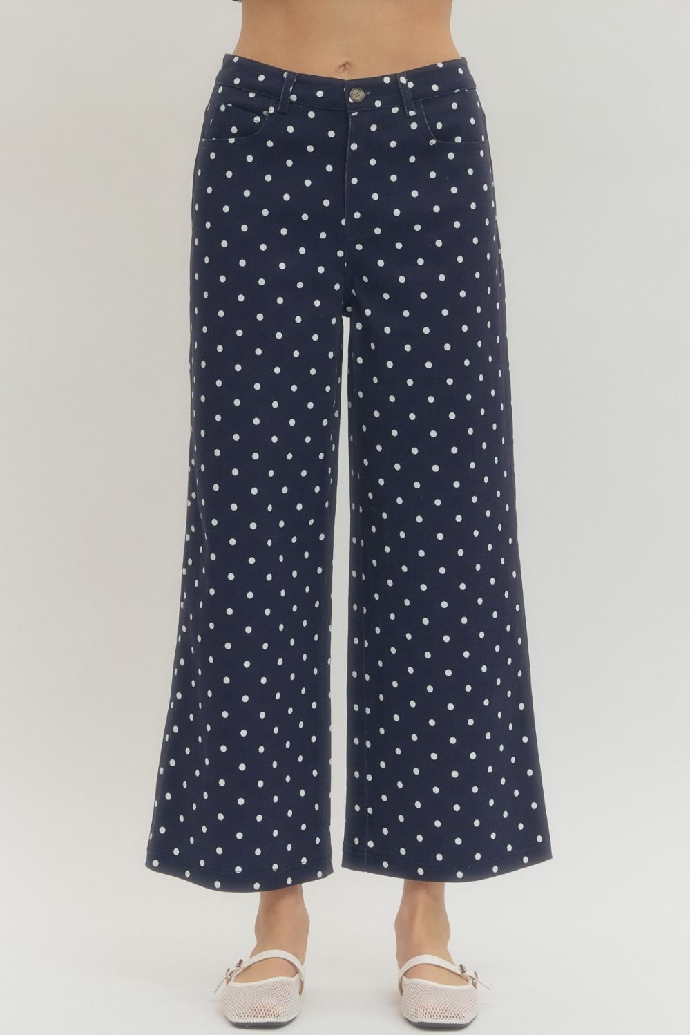 Navy Polka Dot Wide Leg Pants - Twisted Sisters Shoetique