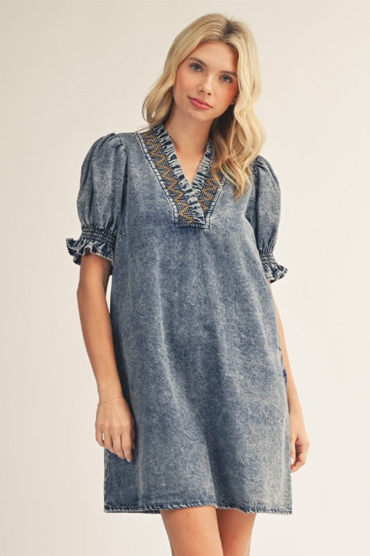 Washed Denim Embroidered Puff Sleeve Dress
