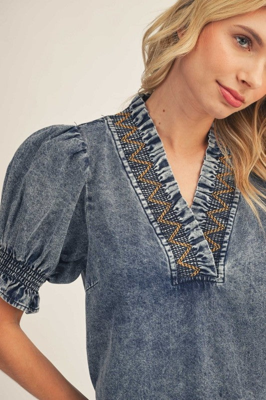 Washed Denim Embroidered Puff Sleeve Dress - Twisted Sisters Shoetique