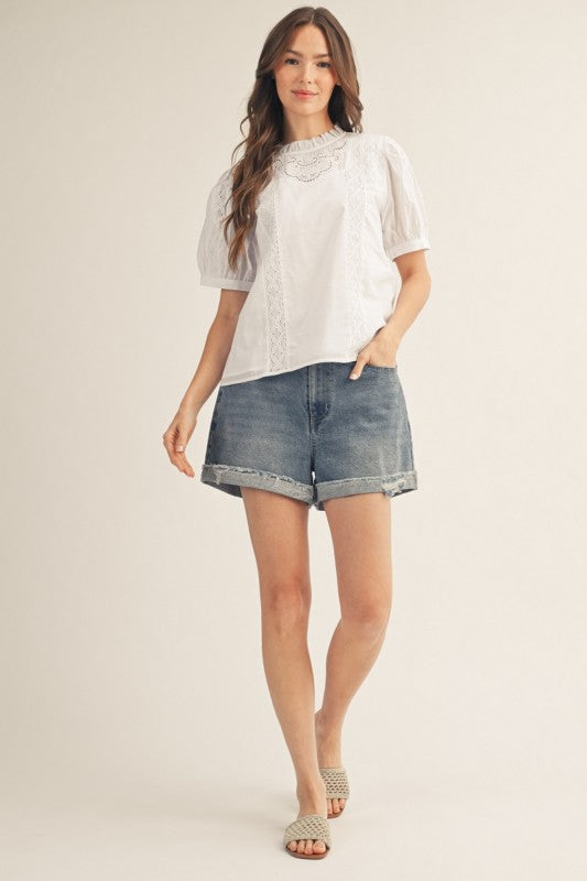 Lace Detail Puff Sleeve Cotton Blouse