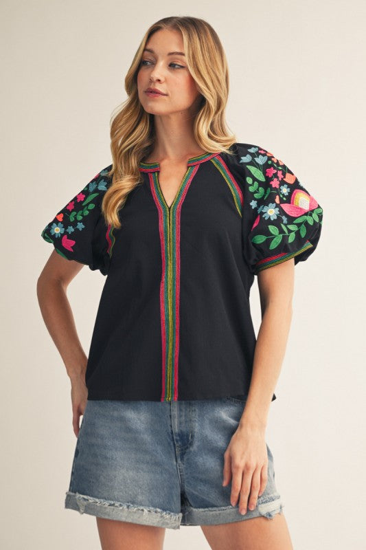 Embroidered Puff Sleeve Boho Blouse