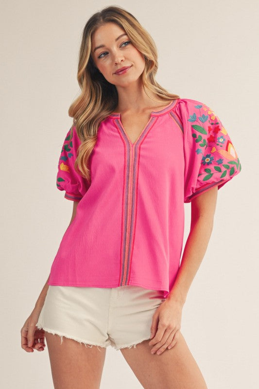 Embroidered Puff Sleeve Boho Blouse