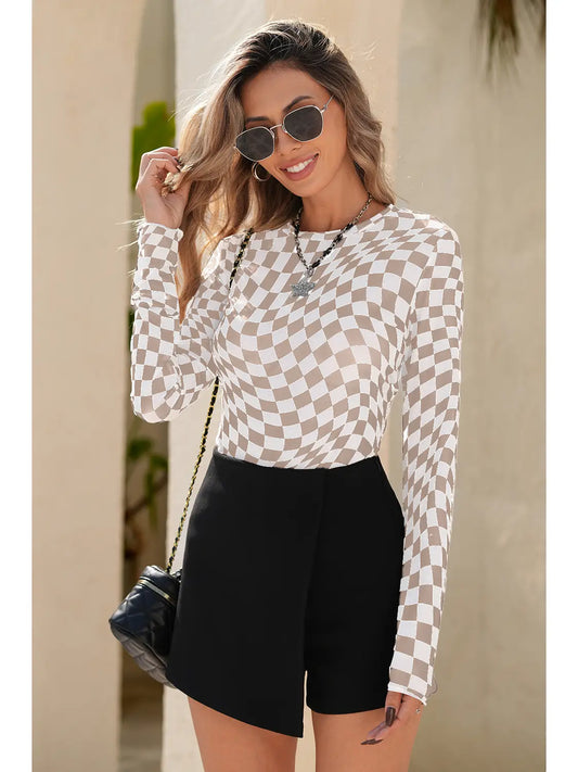 Checkered Mesh Long Sleeve