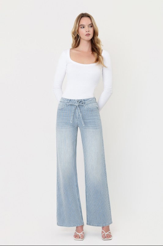 High Rise Waist Tie Striped Wide Leg Jeans - Twisted Sisters Shoetique