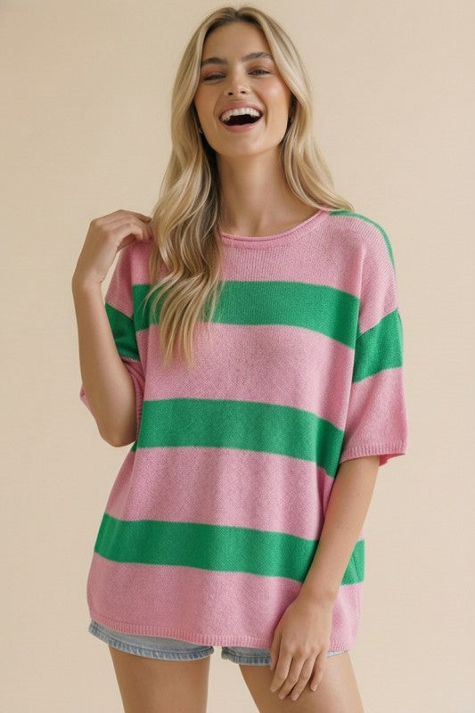 Pink & Green Stripe Sweater Knit Top