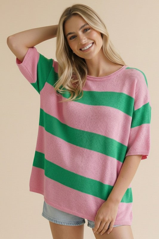 Pink & Green Stripe Sweater Knit Top
